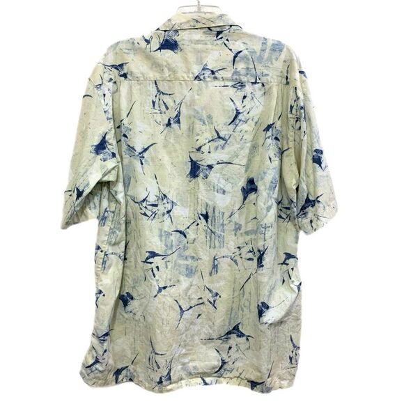 COLUMBIA Shirt Mens 100% Cotton Short Sleeve Button Up Cream Blue Swordfish. - Picture 2 of 10